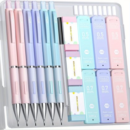 Pastel Mechanical Pencil Set with HB #2 Lead Refills and Erasers - 6 Pack 0.5mm & 0.7mm Pencils, 360 Lead Pieces, 3 Erasers, 9 Eraser Refills, Plastic Plain Ruling - For Students & Artists - Ideal for School, Office & Creative Projects - Perfect Gift for