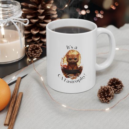 Cat-astrophic Coffee Cup — Ceramic Cat Sitting in the Middle of a Catastrophe (11oz.